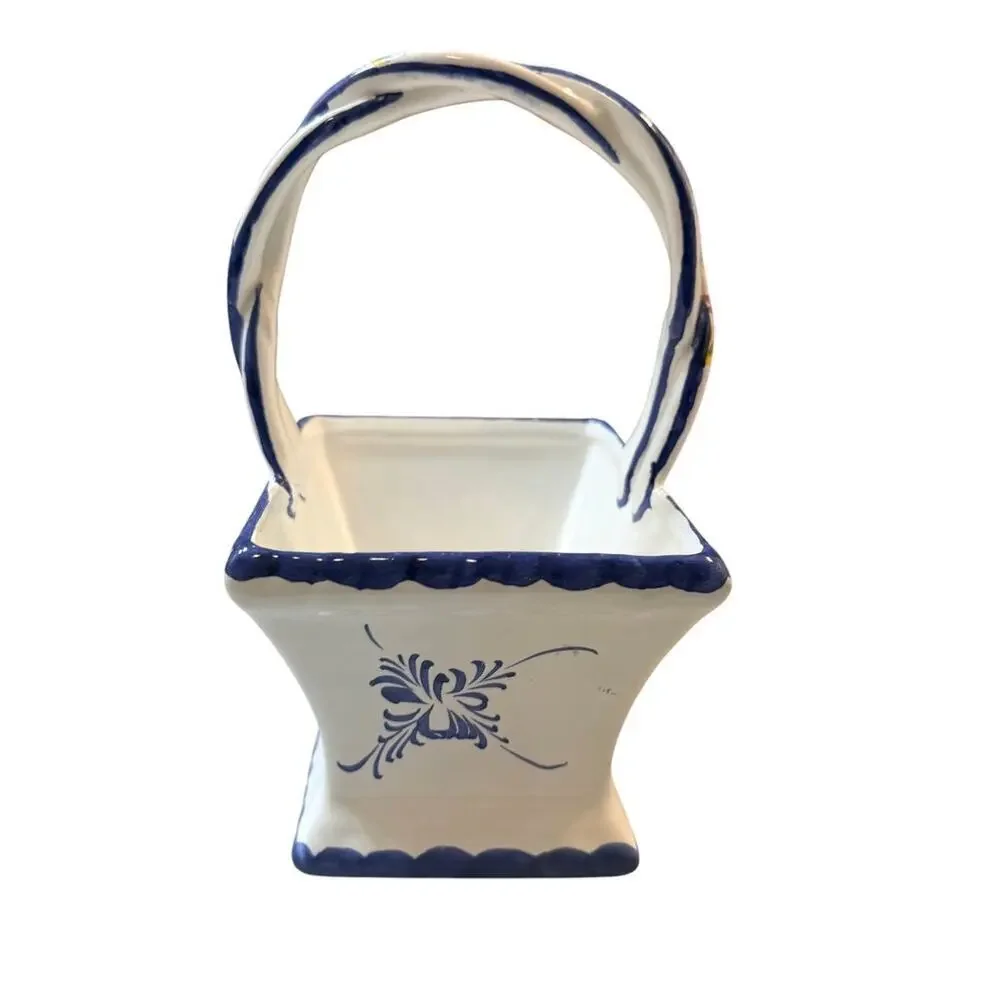 Hand Painted Portuguese Ceramic Basket Blue & White Floral